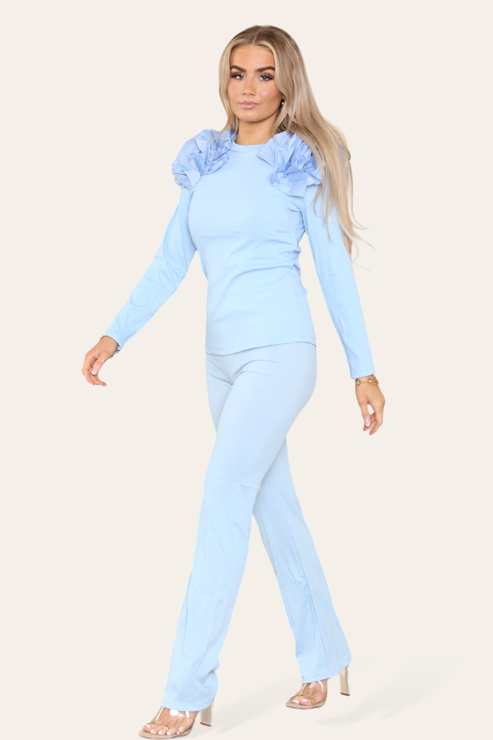 Ruffle Frill Shoulder Ribbed Loungewear Co-Ord Top & Trouser Set - AX Labels