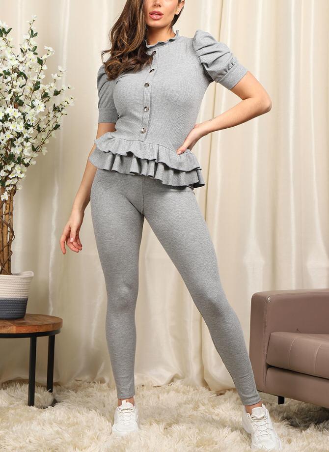 Short Sleeves Two Piece Suit with Ribbed Legging Co-Ord Top Gold Button Frill Hem Peplum Ribbed Lounge Set - AX Labels