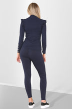 Side Buttons Frill Shoulder Side Neck Gold Button Detail Two Piece Loungewear Set - AX Labels