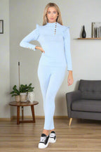 Side Buttons Frill Shoulder Side Neck Gold Button Detail Two Piece Loungewear Set - AX Labels