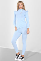 Side Buttons Frill Shoulder Side Neck Gold Button Detail Two Piece Loungewear Set - AX Labels