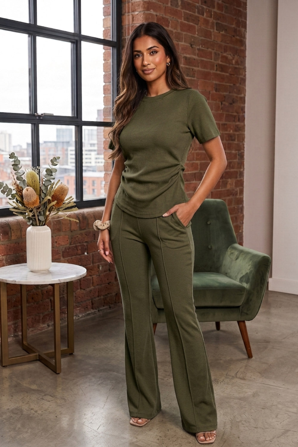 Side Cinched Flared Trousers Set