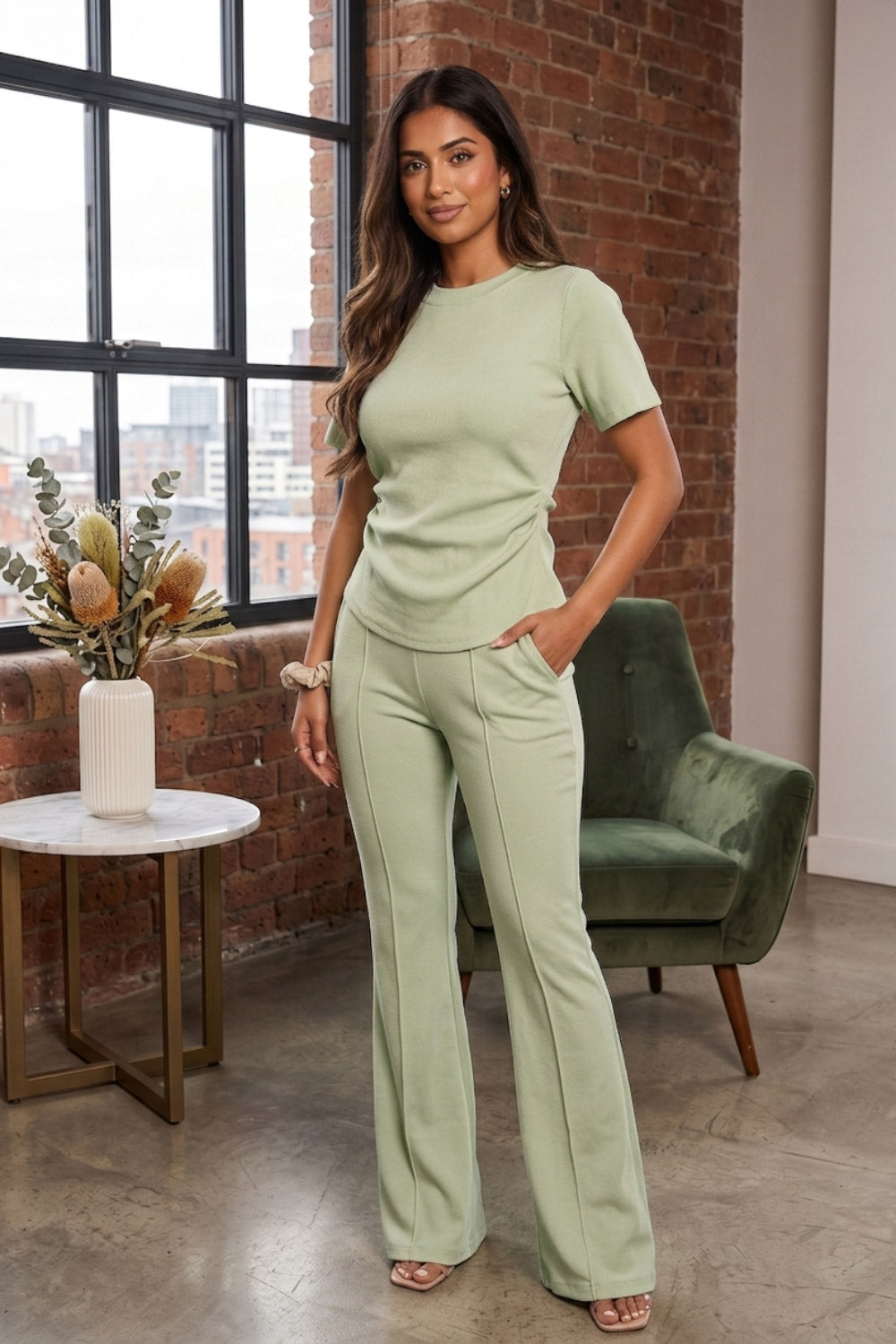 Side Cinched Flared Trousers Set