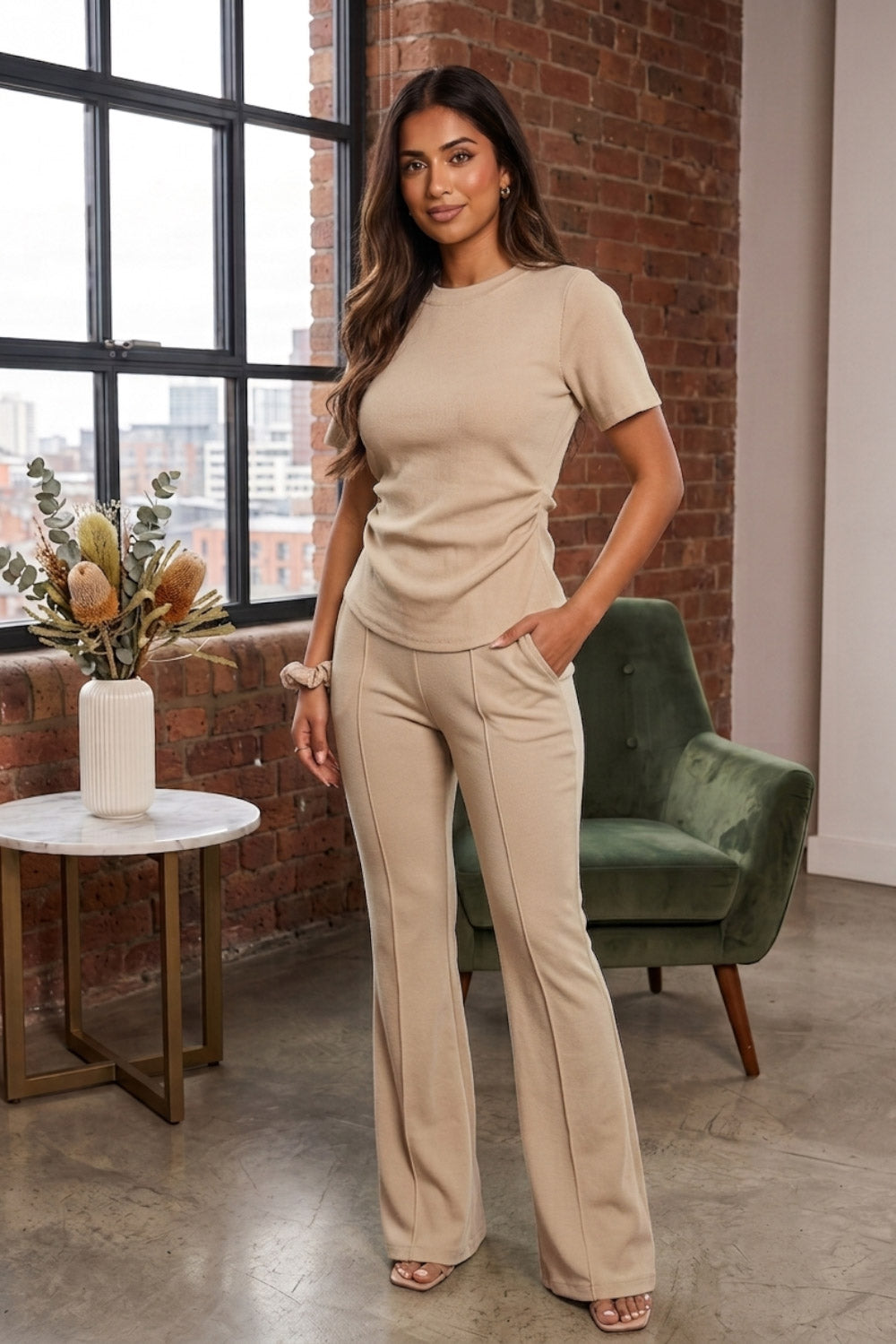 Side Cinched Flared Trousers Set
