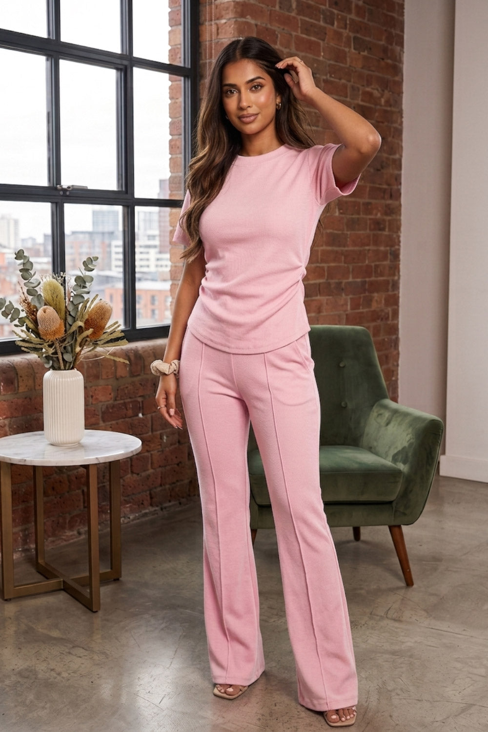 Side Cinched Flared Trousers Set