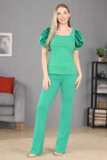 Silky Satin Puff Sleeves Ribbed Lounge Set - AX Labels