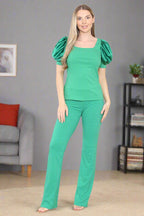 Silky Satin Puff Sleeves Ribbed Lounge Set - AX Labels