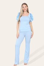 Silky Satin Puff Sleeves Ribbed Lounge Set - AX Labels