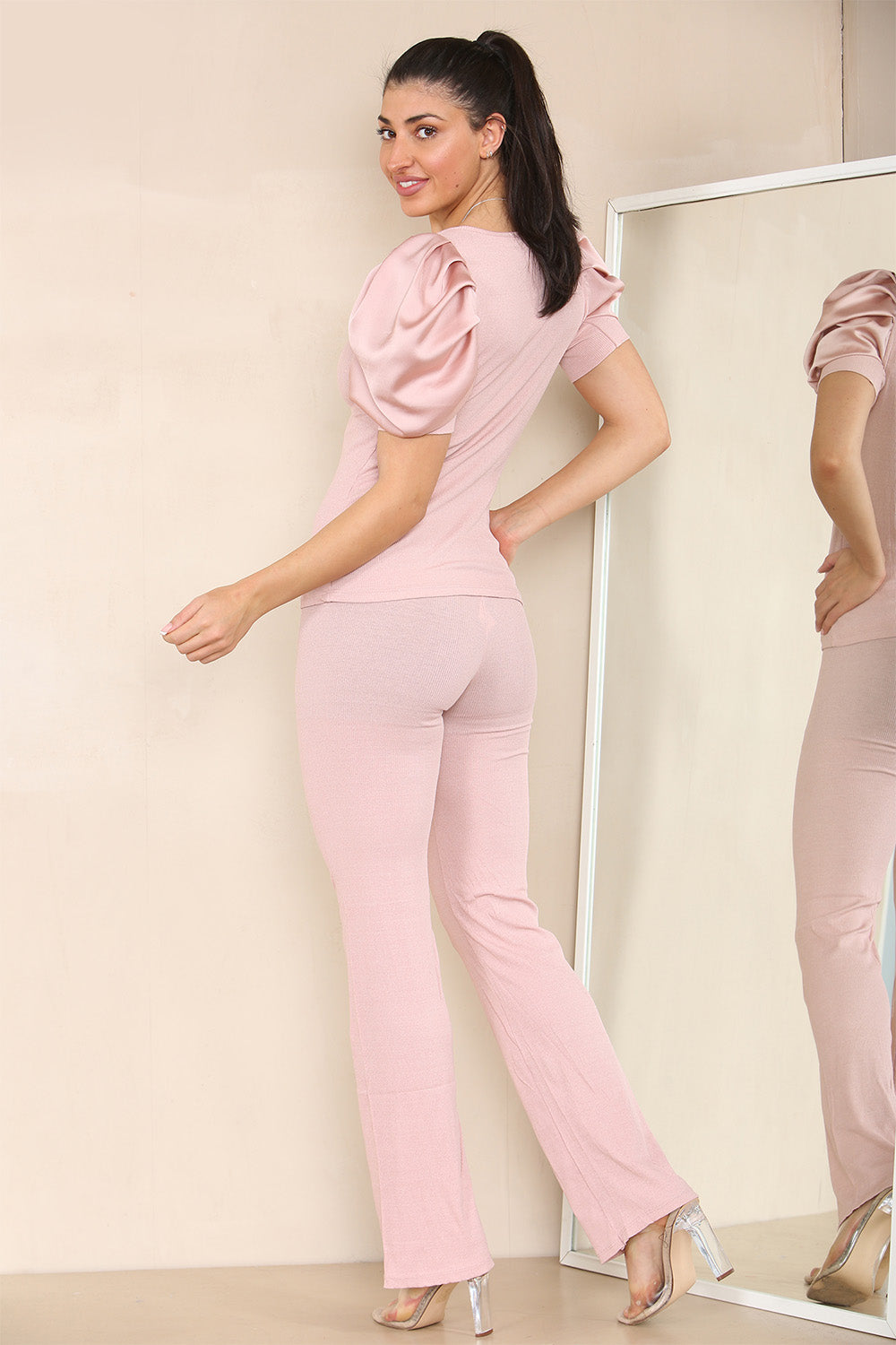 Silky Satin Puff Sleeves Ribbed Lounge Set - AX Labels