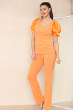 Silky Satin Puff Sleeves Ribbed Lounge Set - AX Labels