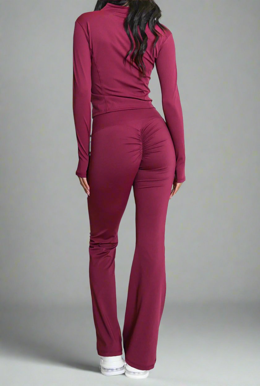Super Active Zip Top and Push Up Flared Trousers Ruched Bum Gym Set
