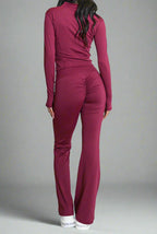 Super Active Zip Top and Push Up Flared Trousers Ruched Bum Gym Set