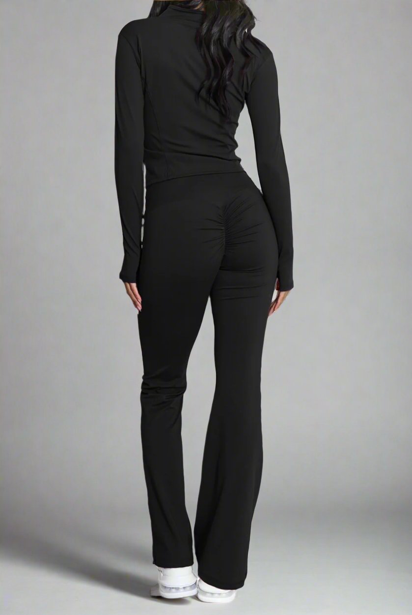 Super Active Zip Top and Push Up Flared Trousers Ruched Bum Gym Set