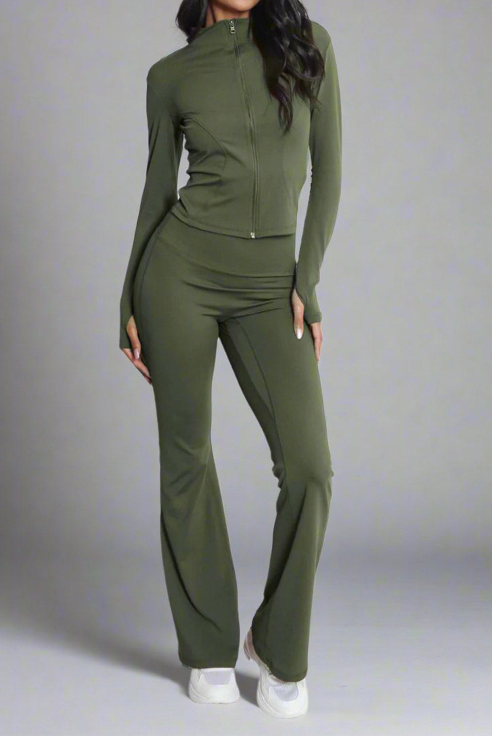 Super Active Zip Top and Push Up Flared Trousers Ruched Bum Gym Set