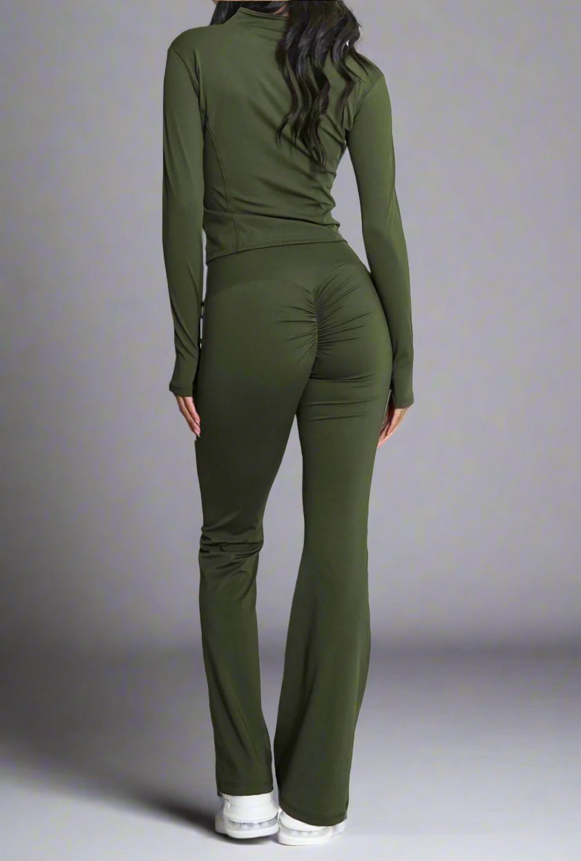 Super Active Zip Top and Push Up Flared Trousers Ruched Bum Gym Set