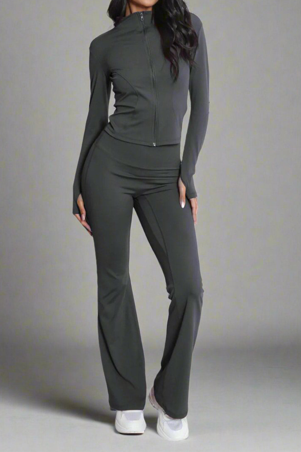 Super Active Zip Top and Push Up Flared Trousers Ruched Bum Gym Set