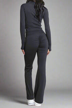 Super Active Zip Top and Push Up Flared Trousers Ruched Bum Gym Set