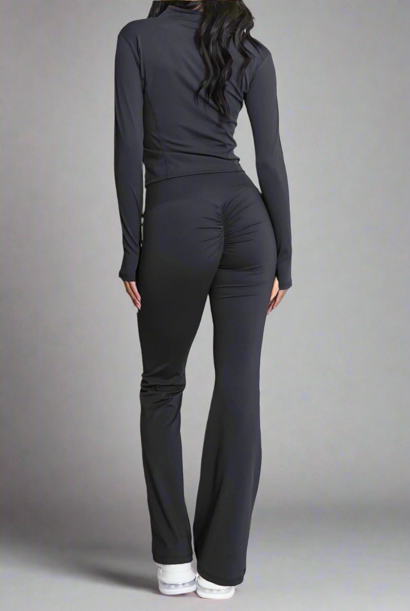 Super Active Zip Top and Push Up Flared Trousers Ruched Bum Gym Set
