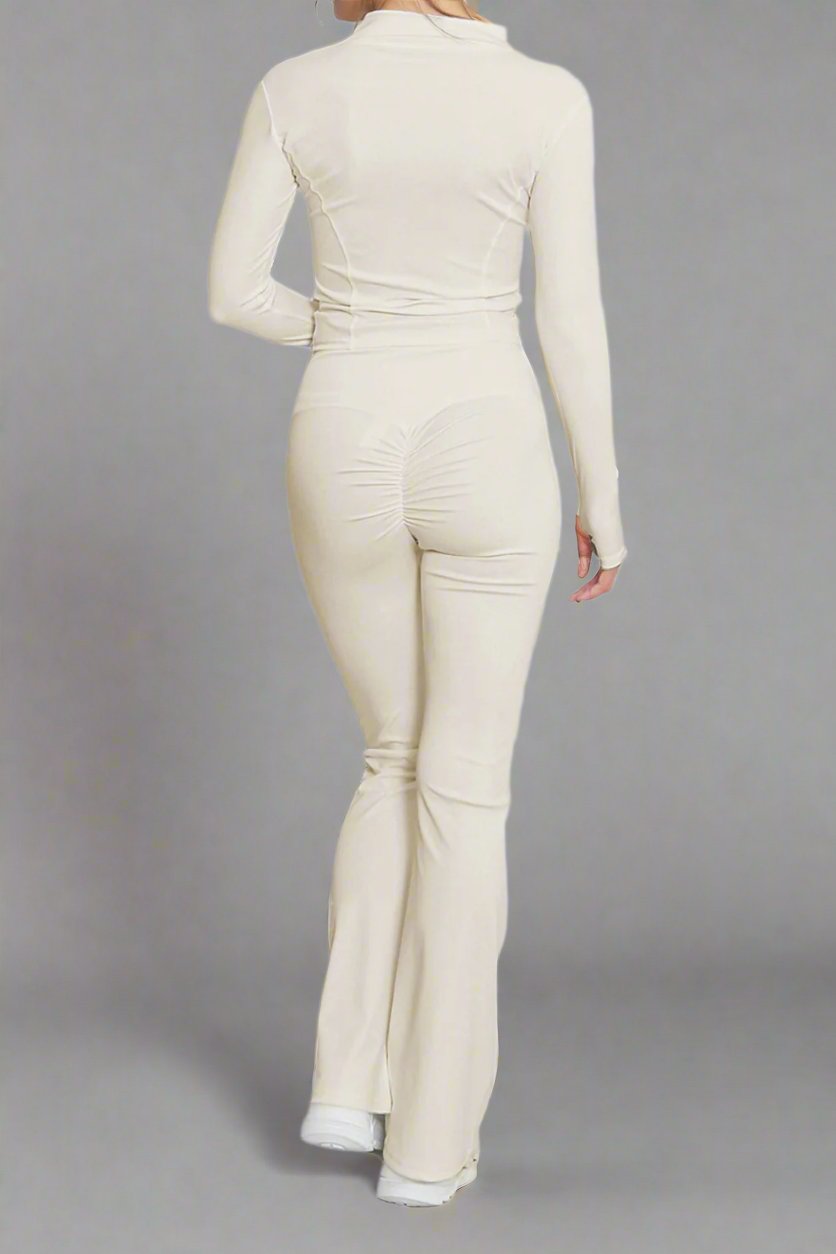 Super Active Zip Top and Push Up Flared Trousers Ruched Bum Gym Set