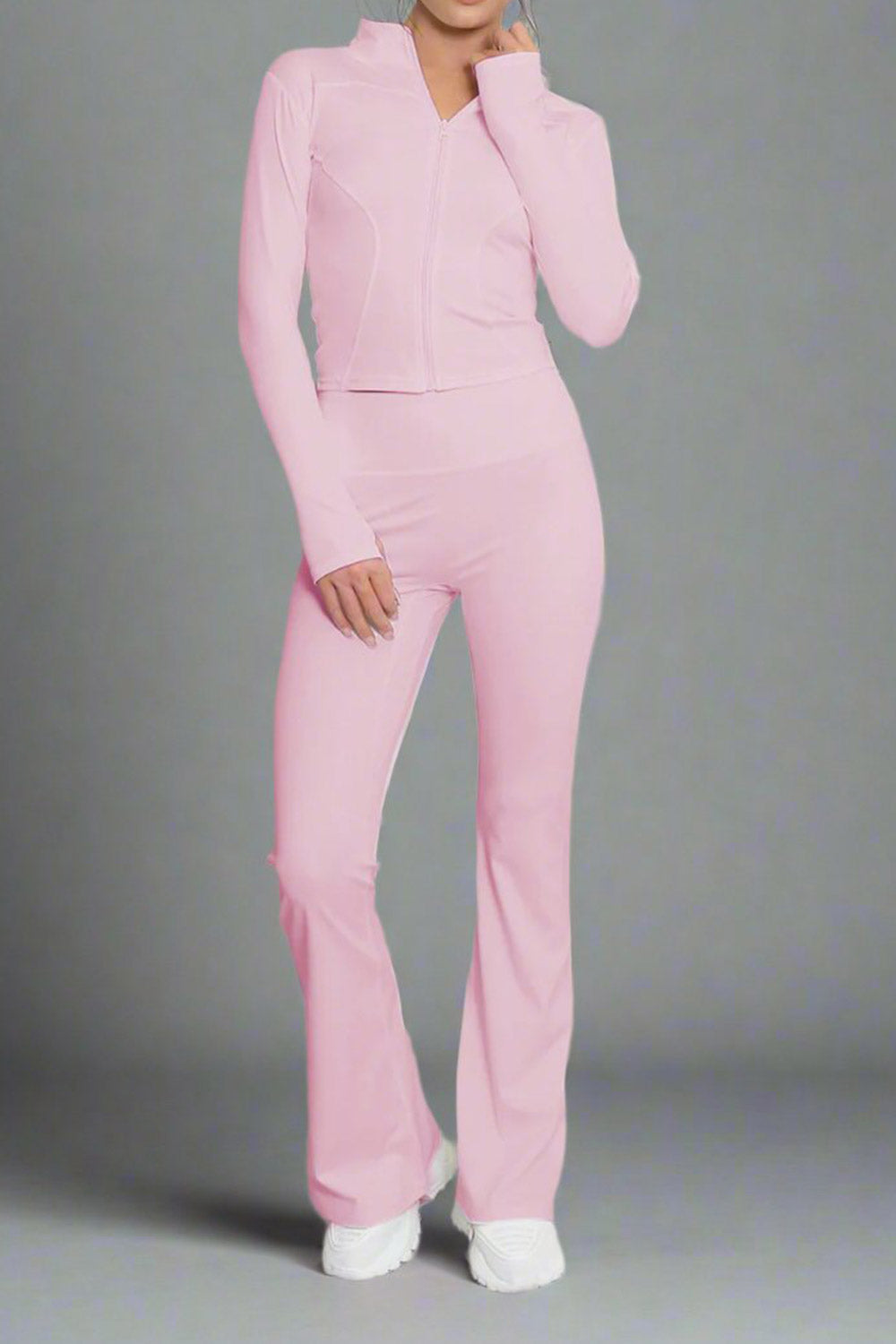 Super Active Zip Top and Push Up Flared Trousers Ruched Bum Gym Set