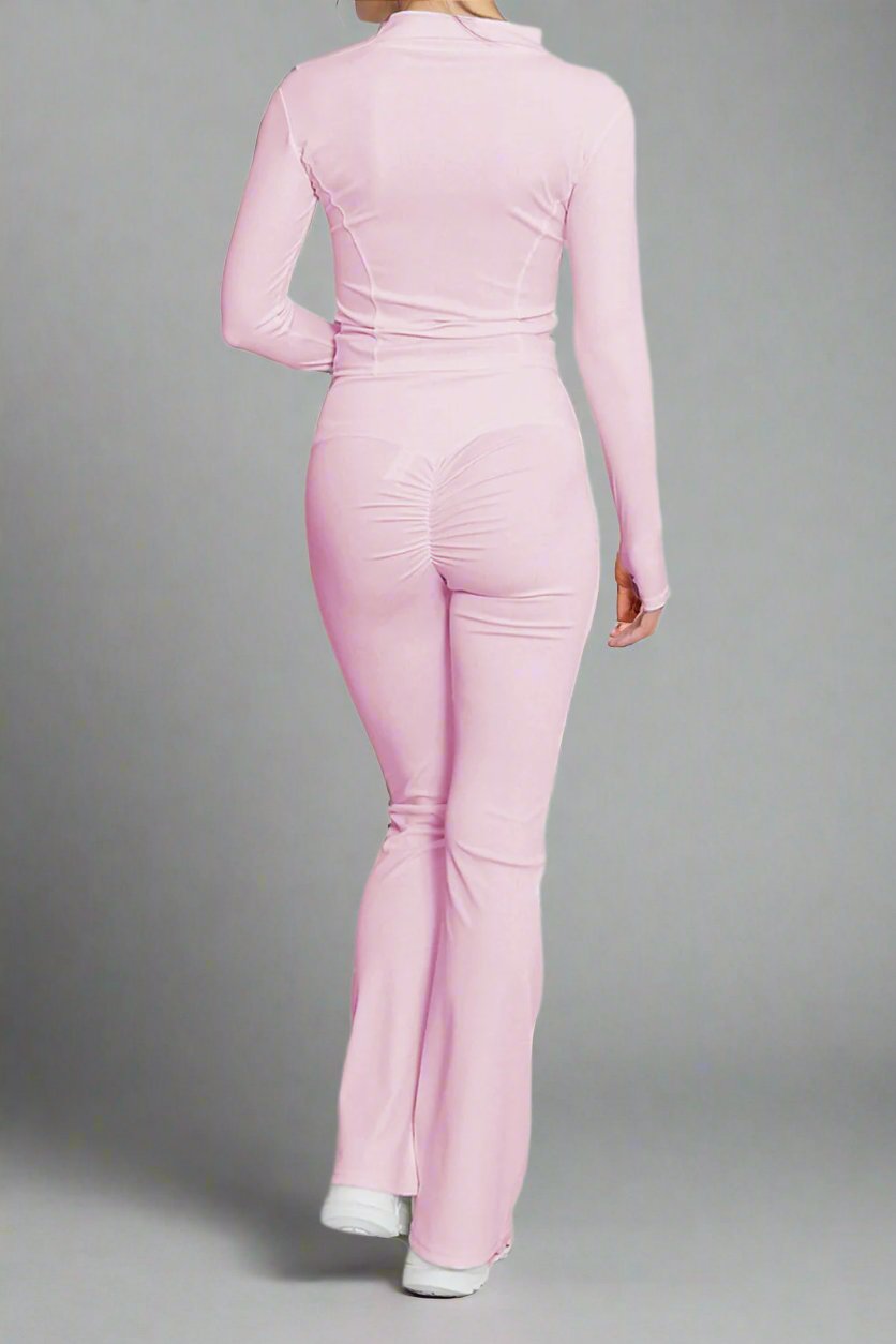 Super Active Zip Top and Push Up Flared Trousers Ruched Bum Gym Set