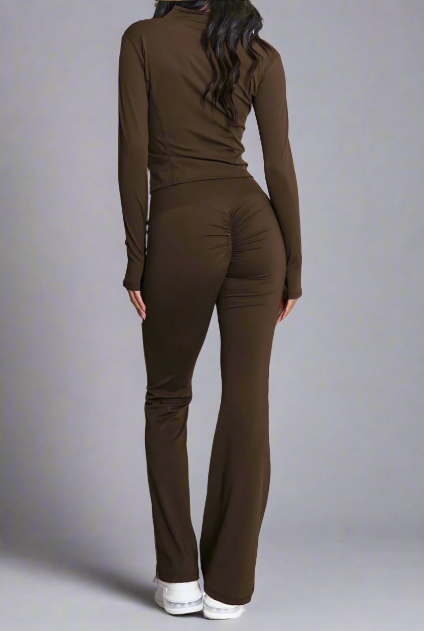 Super Active Zip Top and Push Up Flared Trousers Ruched Bum Gym Set