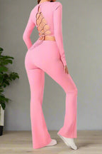 Super Fitness Cutout Round Neck Cross Back Syoga Wrap Top Active Gym Set