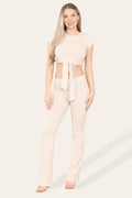Tie Belt Front Cropped Loungewear Ribbed Trousers Set - AX Labels