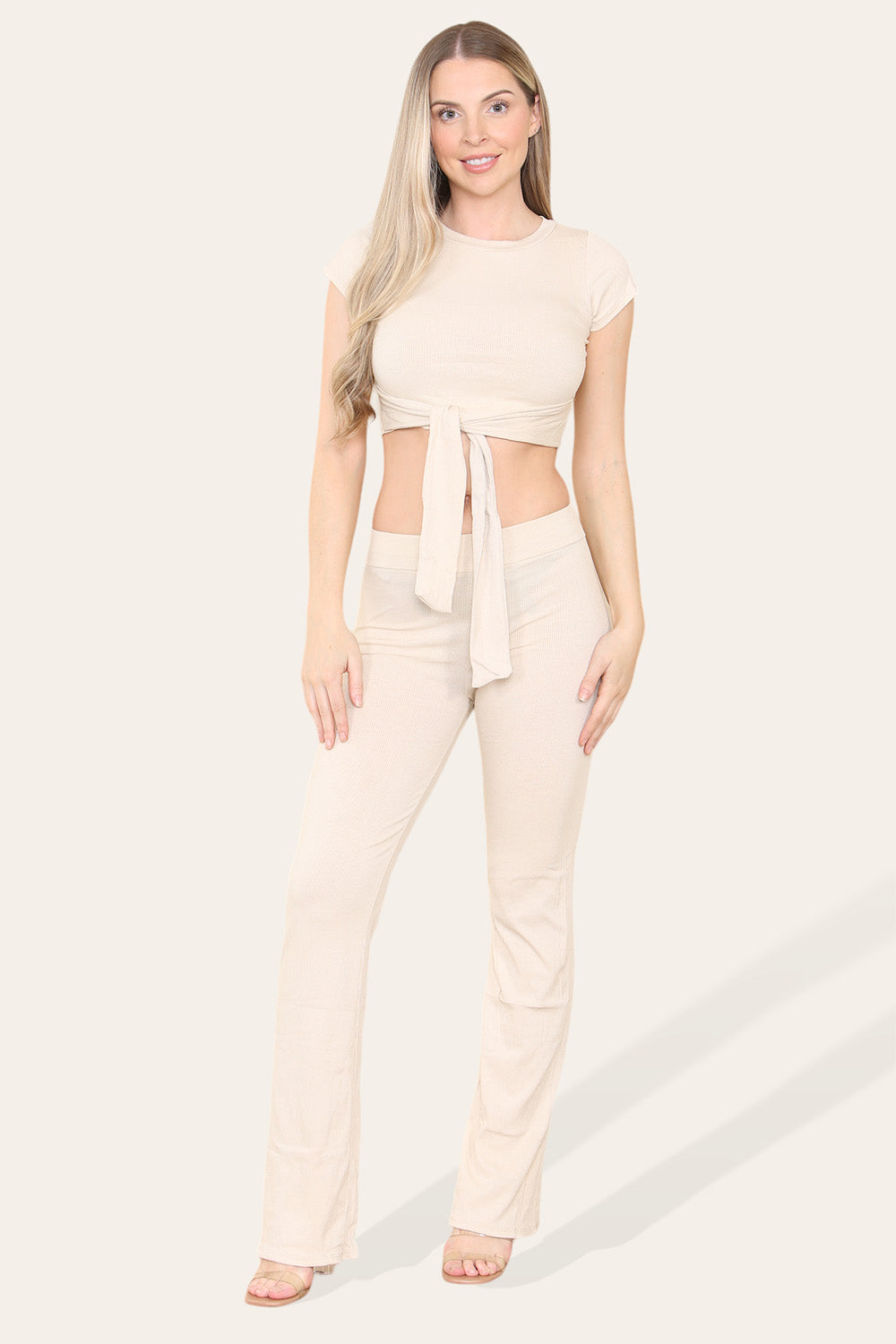 Tie Belt Front Cropped Loungewear Ribbed Trousers Set - AX Labels