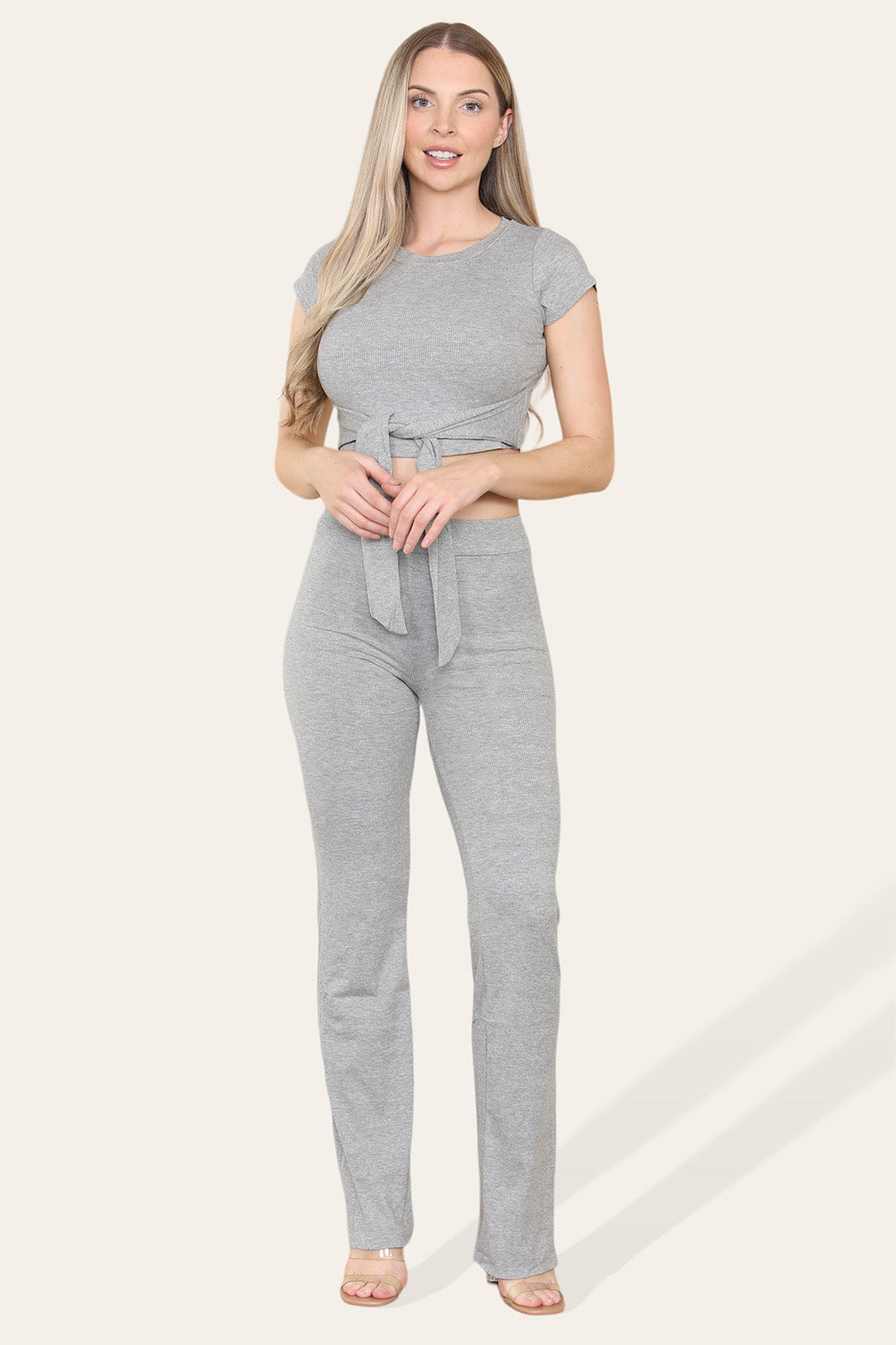 Tie Belt Front Cropped Loungewear Ribbed Trousers Set - AX Labels