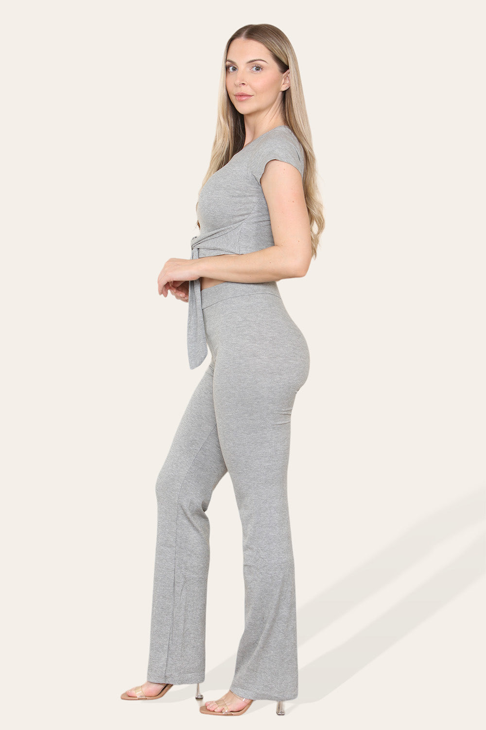 Tie Belt Front Cropped Loungewear Ribbed Trousers Set - AX Labels