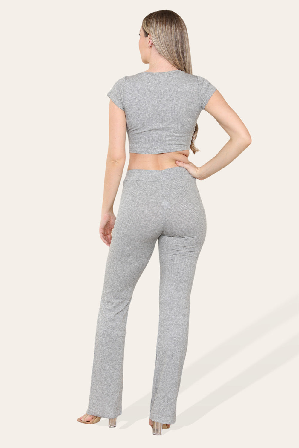 Tie Belt Front Cropped Loungewear Ribbed Trousers Set - AX Labels