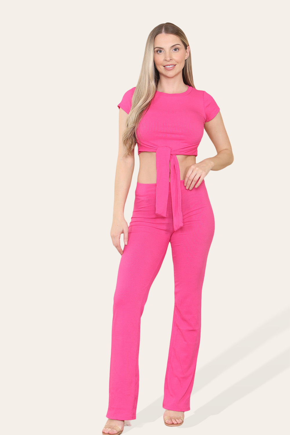 Tie Belt Front Cropped Loungewear Ribbed Trousers Set - AX Labels