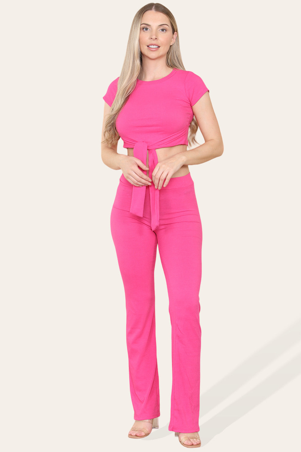 Tie Belt Front Cropped Loungewear Ribbed Trousers Set - AX Labels