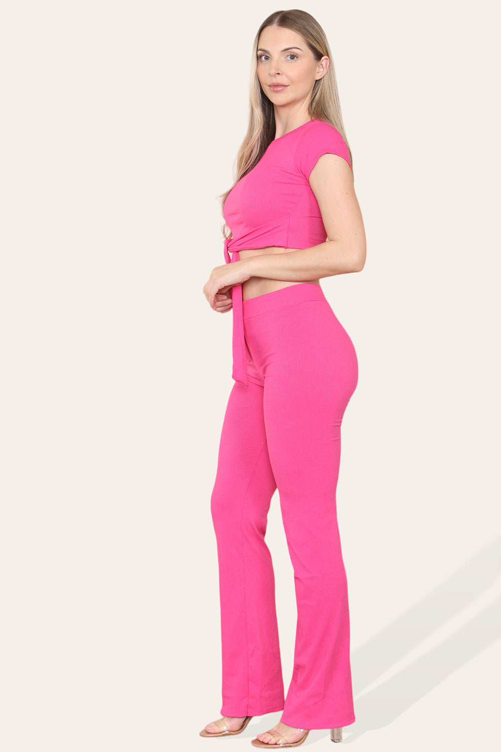 Tie Belt Front Cropped Loungewear Ribbed Trousers Set - AX Labels