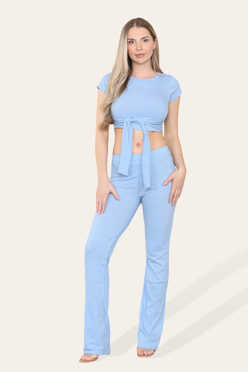 Tie Belt Front Cropped Loungewear Ribbed Trousers Set - AX Labels