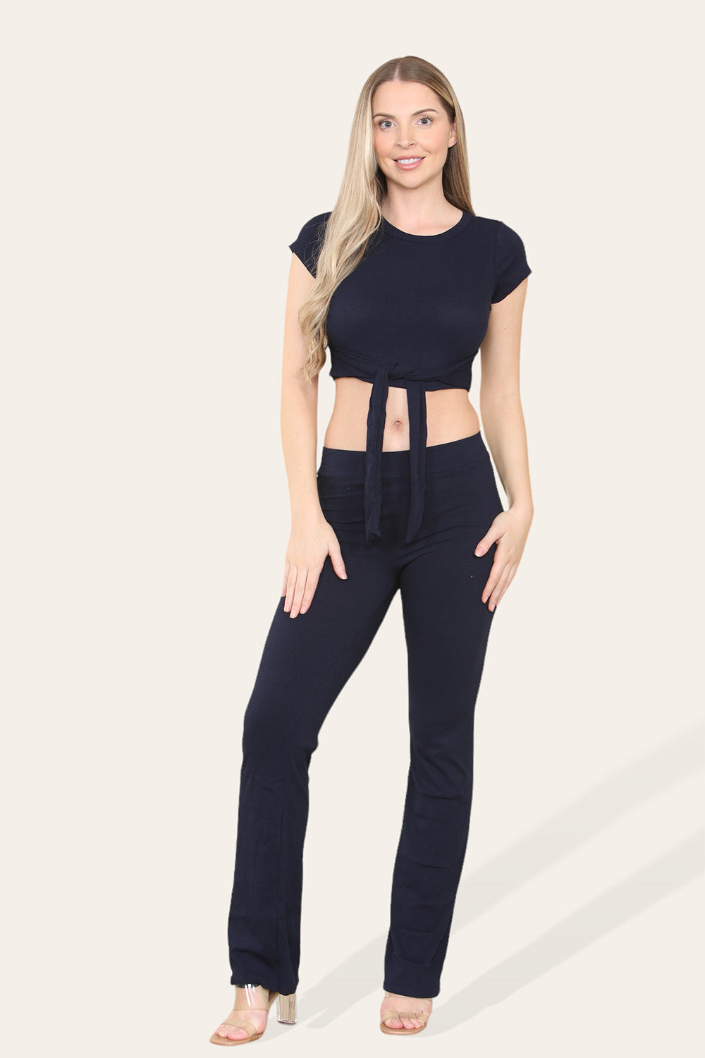 Tie Belt Front Cropped Loungewear Ribbed Trousers Set - AX Labels