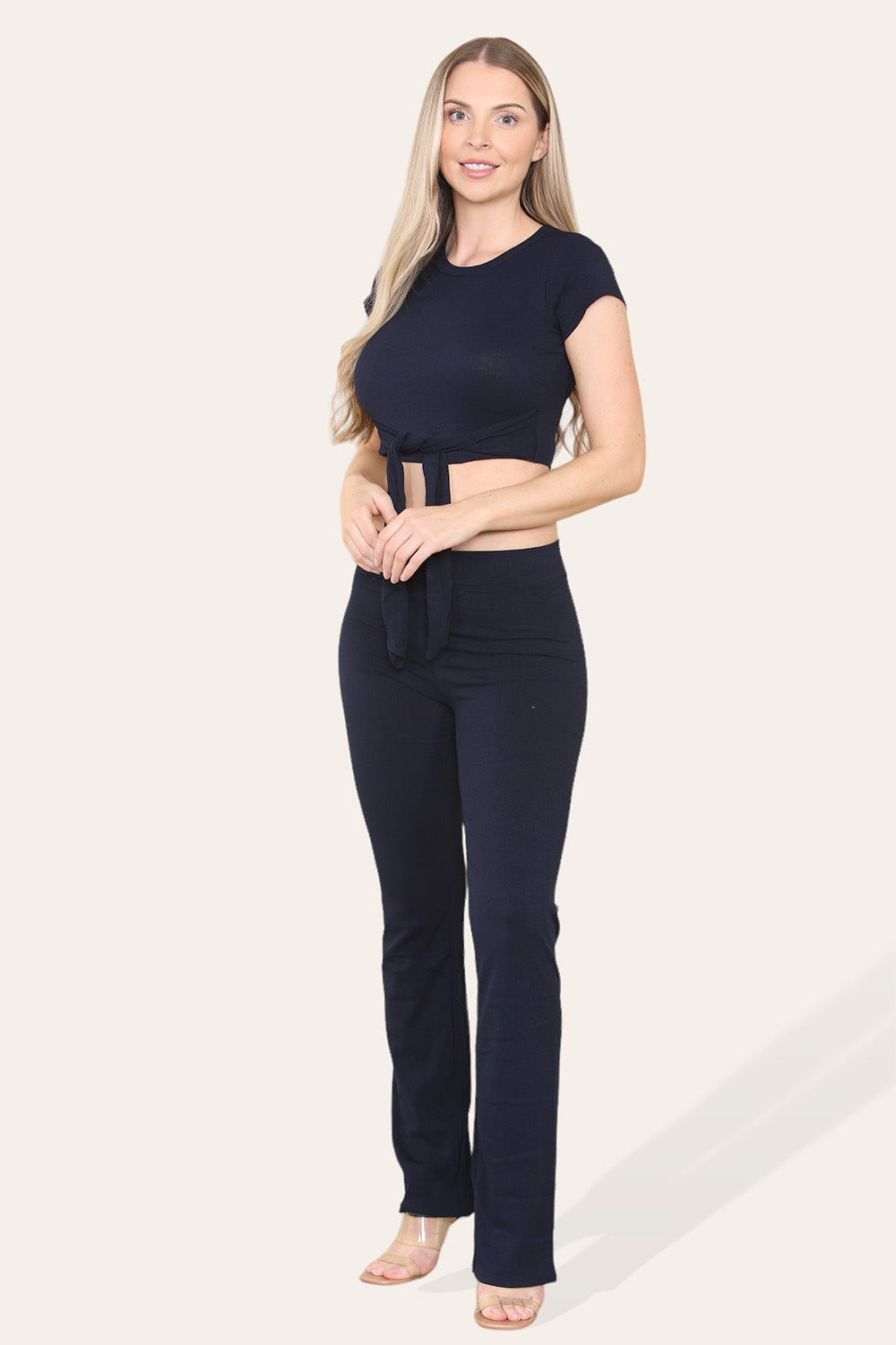 Tie Belt Front Cropped Loungewear Ribbed Trousers Set - AX Labels