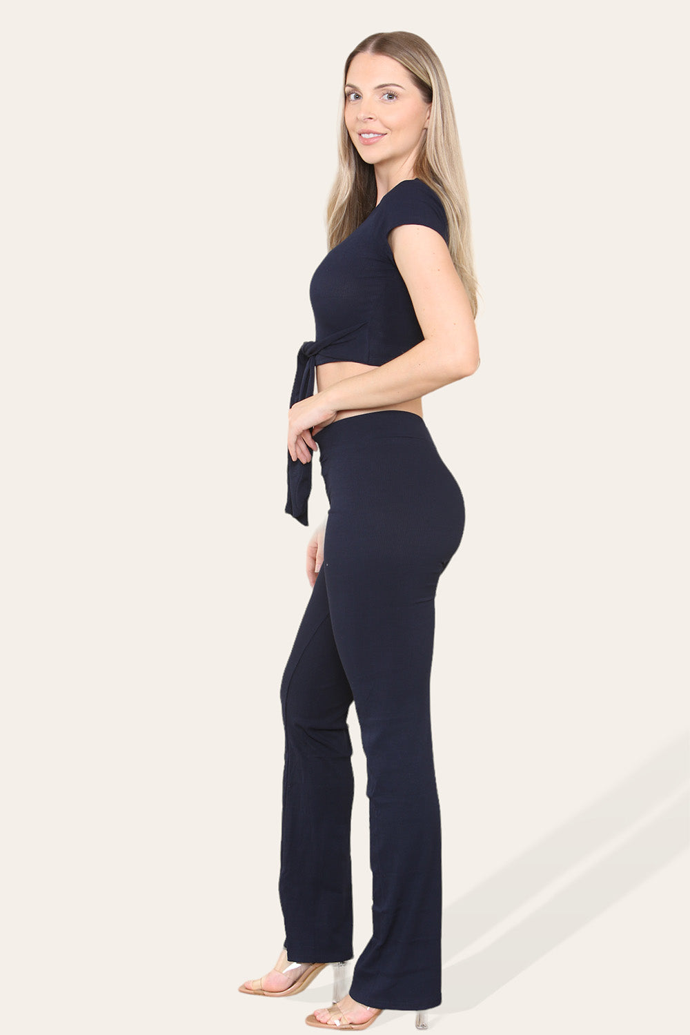 Tie Belt Front Cropped Loungewear Ribbed Trousers Set - AX Labels