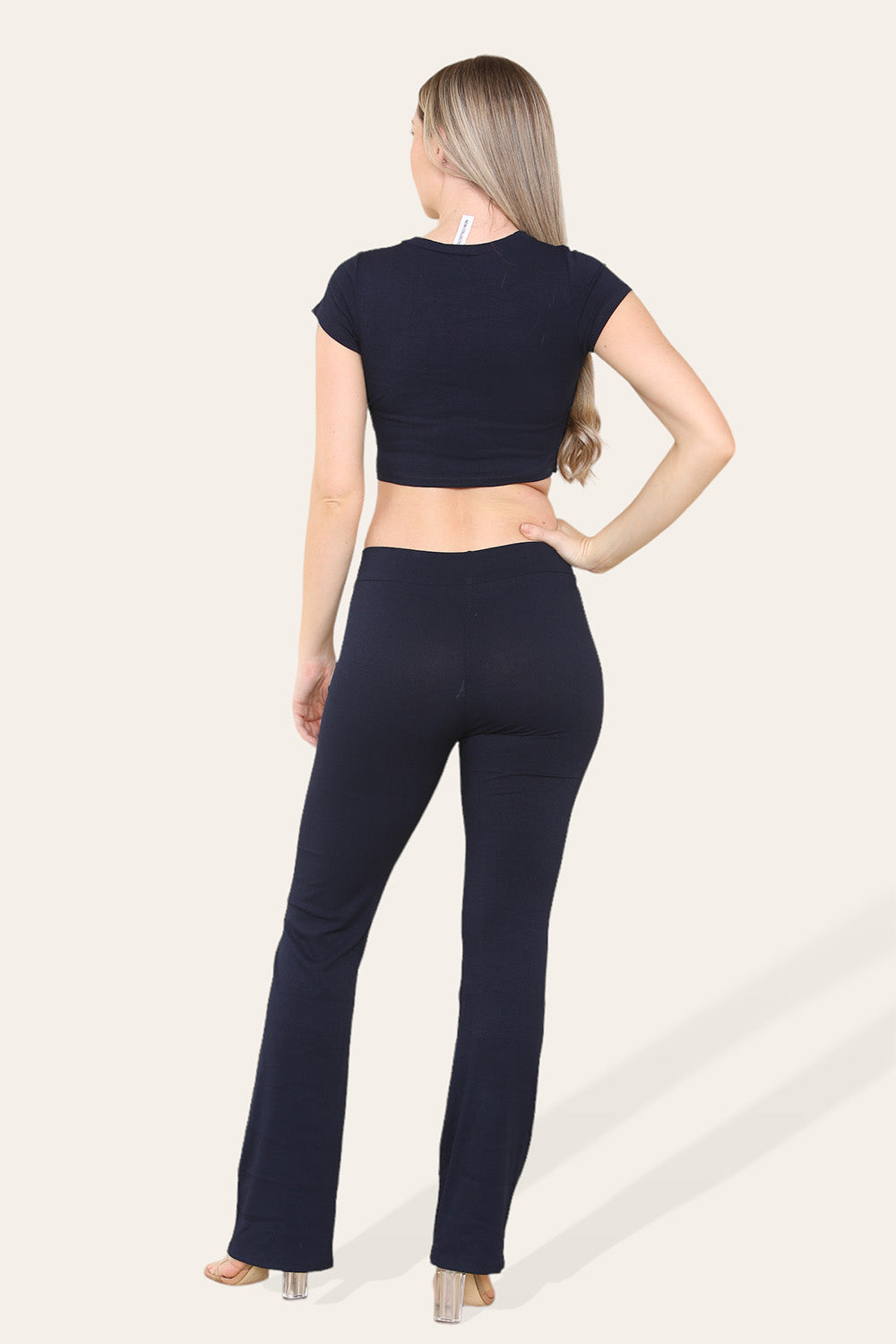 Tie Belt Front Cropped Loungewear Ribbed Trousers Set - AX Labels