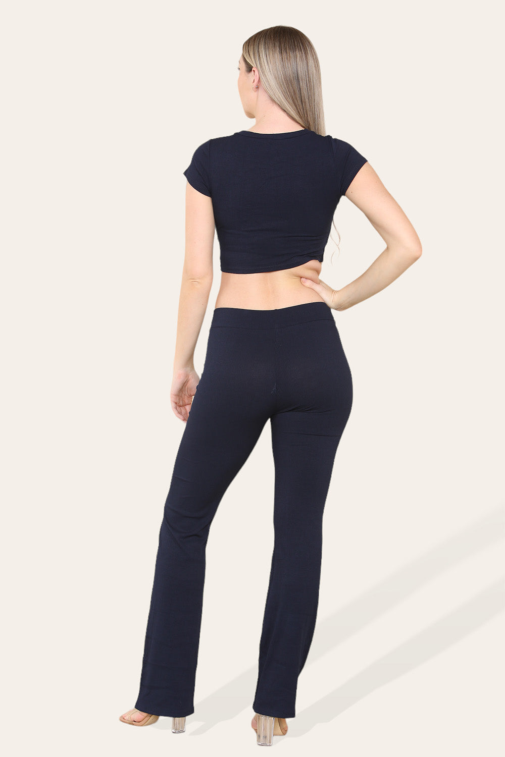 Tie Belt Front Cropped Loungewear Ribbed Trousers Set - AX Labels