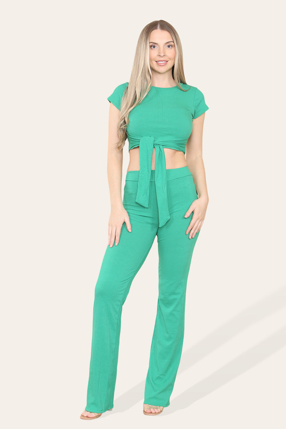 Tie Belt Front Cropped Loungewear Ribbed Trousers Set - AX Labels