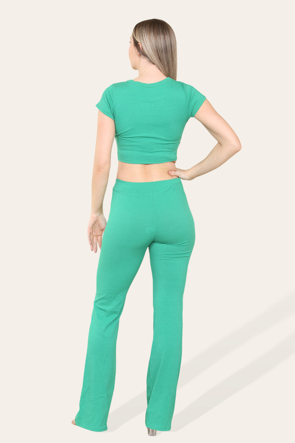 Tie Belt Front Cropped Loungewear Ribbed Trousers Set - AX Labels