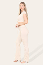 Tie Belt Front Cropped Loungewear Ribbed Trousers Set - AX Labels