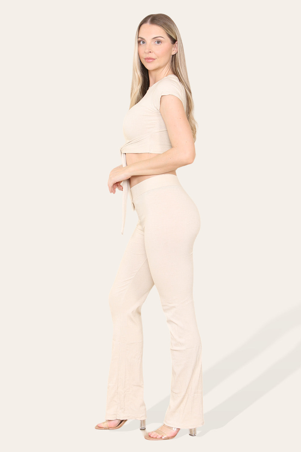 Tie Belt Front Cropped Loungewear Ribbed Trousers Set - AX Labels