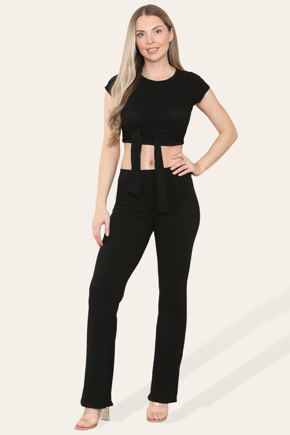 Tie Belt Front Cropped Loungewear Ribbed Trousers Set - AX Labels