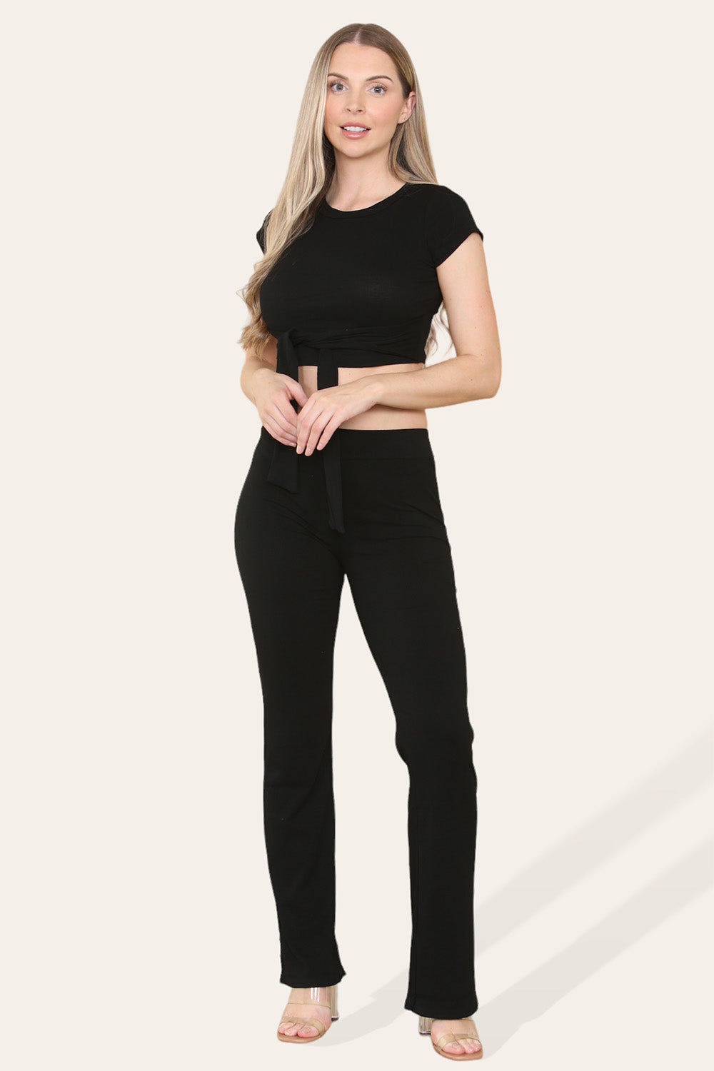 Tie Belt Front Cropped Loungewear Ribbed Trousers Set - AX Labels