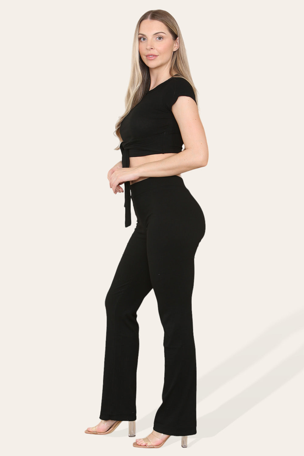 Tie Belt Front Cropped Loungewear Ribbed Trousers Set - AX Labels