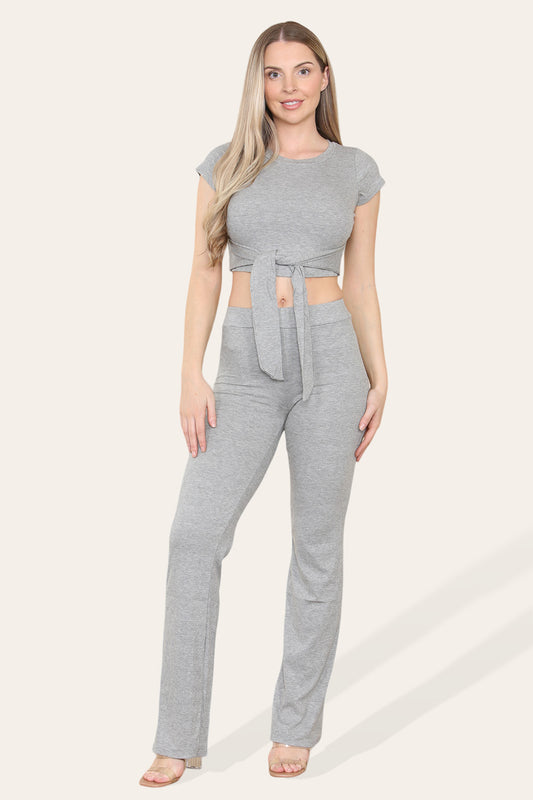 Tie Belt Front Cropped Loungewear Ribbed Trousers Set - AX Labels