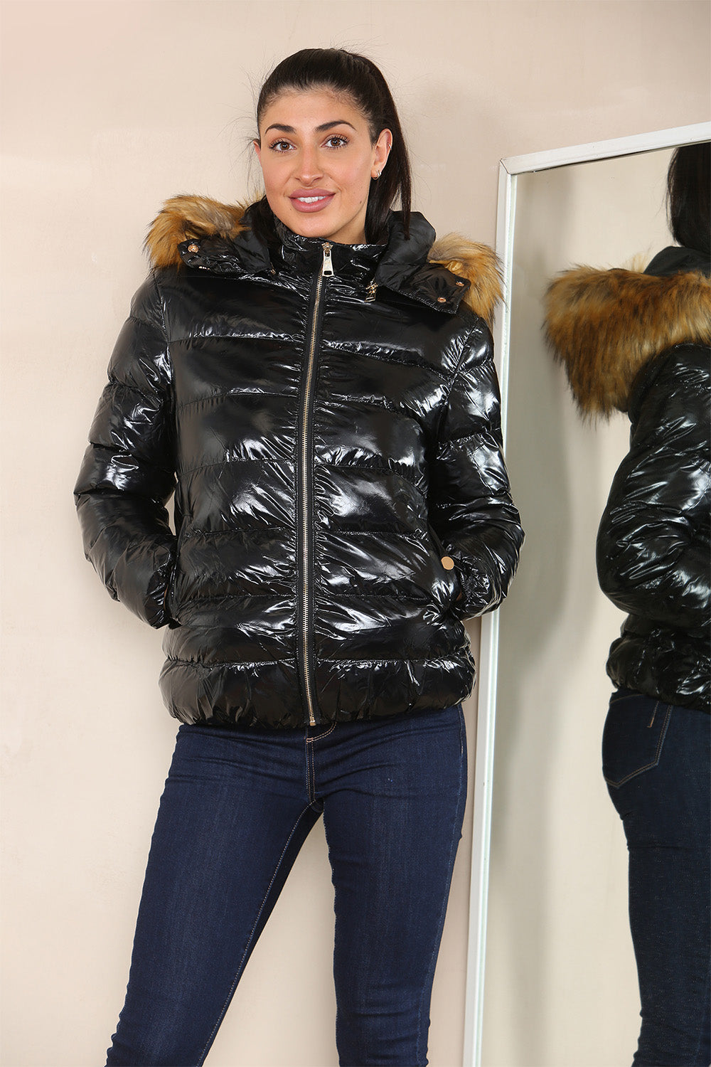Wet Look Puffer Hooded Jacket with Faux Fur - AX Labels